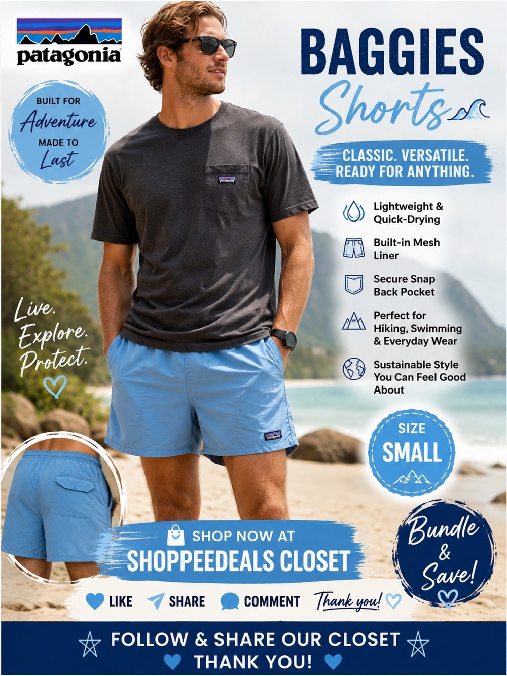 Patagonia Baggies Shorts – Men’s Small – Light Blue